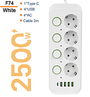 F74U-2M сетевой фильтр 2метра 4розетки 4usb 1type-c (HY-50415-2G-2-70)